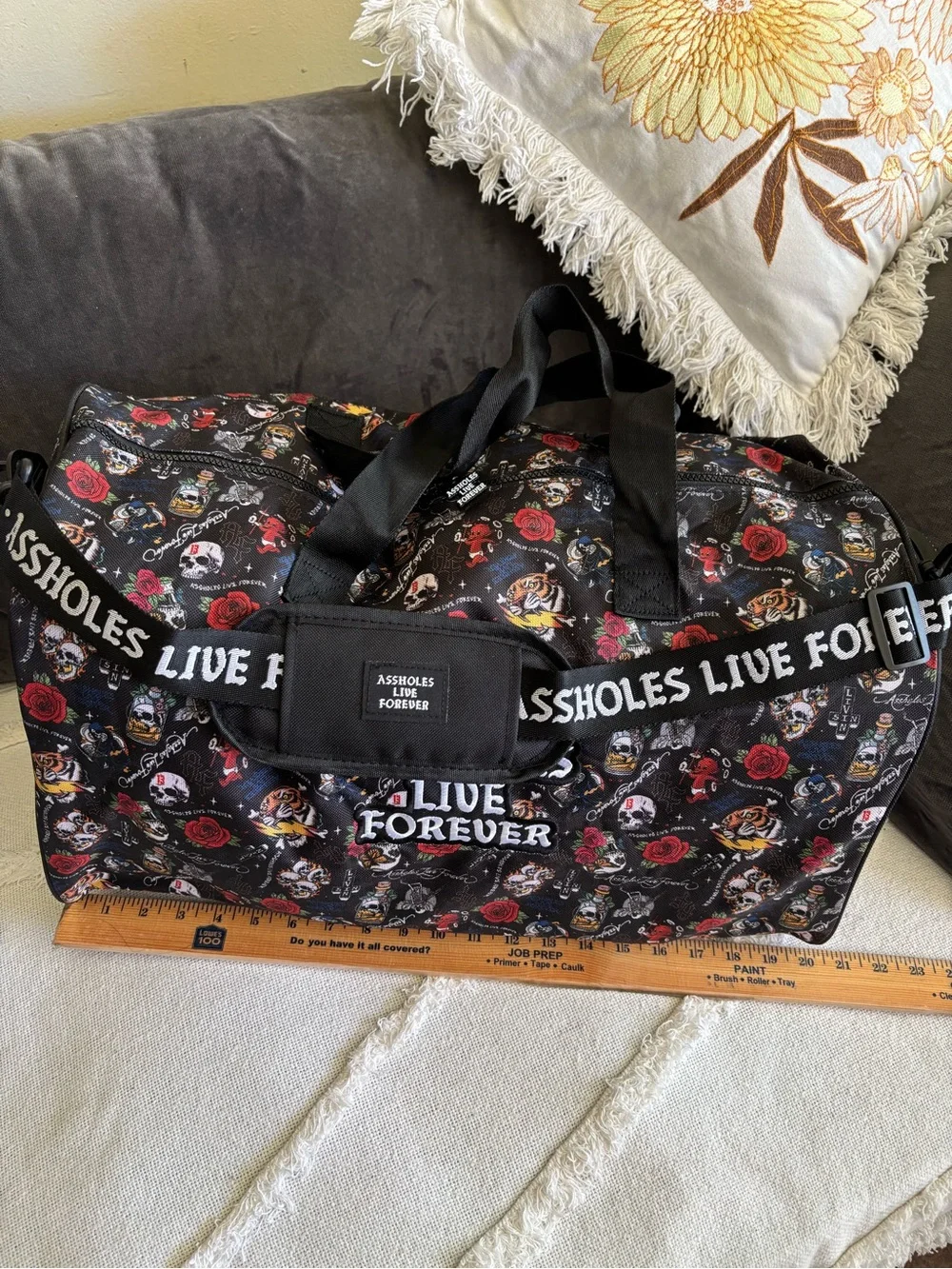 ALF ******** Live Forever Emotional Baggage Skull Bottle Strap Duffle Bag Roses